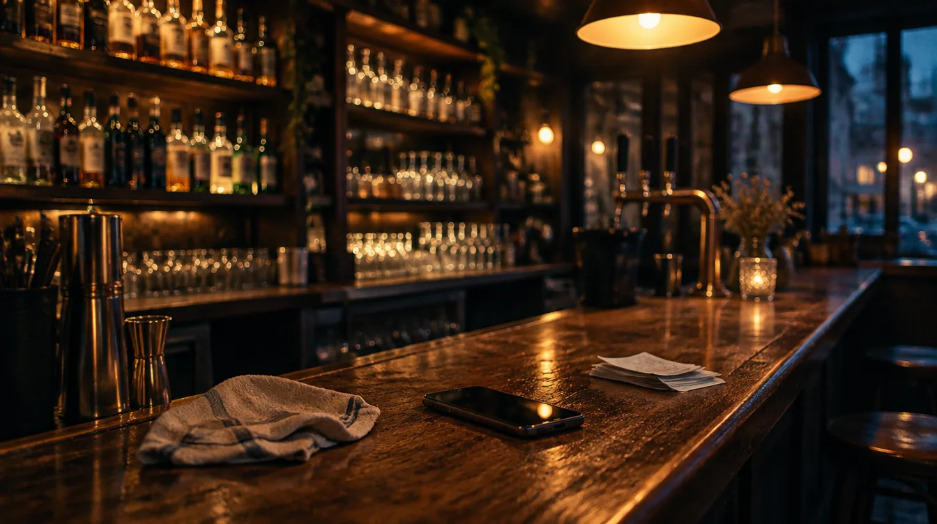 Le comptoir d'un bar en début de soirée : un téléphone et des tickets posés sur le bois, les bouteilles éclairées en arrière-plan.