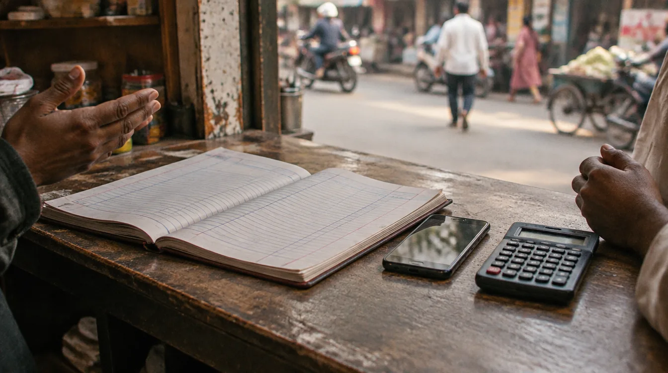 Un cahier de comptes ouvert à côté d'un téléphone et d'une calculatrice sur le comptoir usé d'une échoppe, la rue animée en arrière-plan.