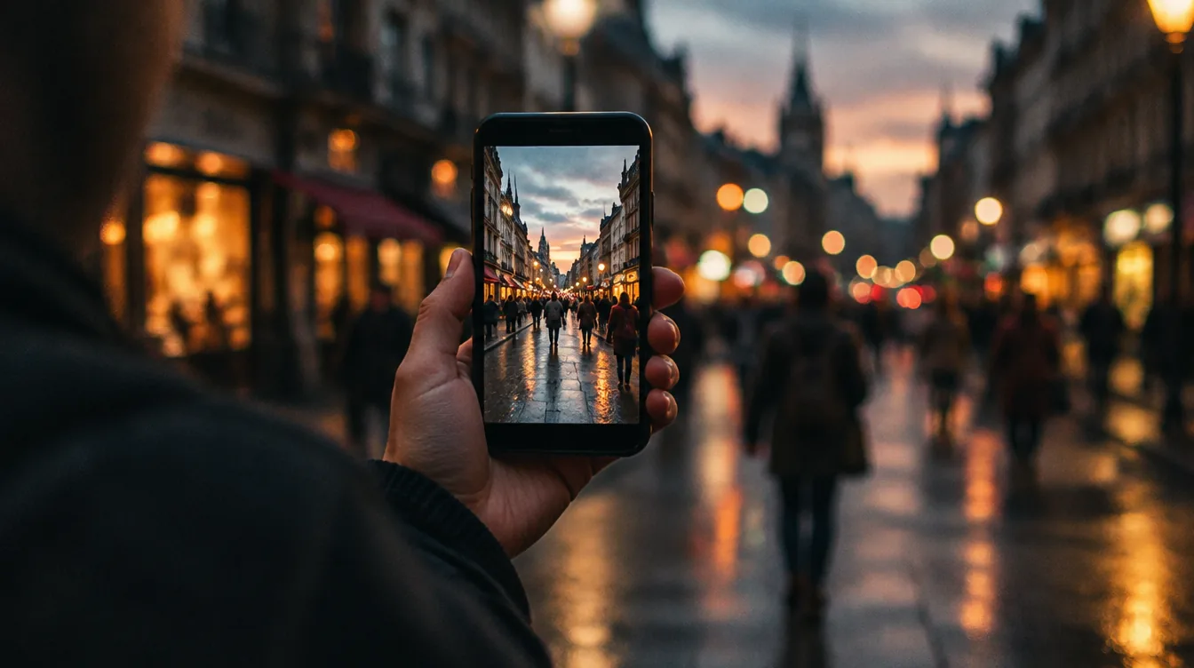 Une main tient un téléphone qui filme une rue commerçante au crépuscule ; l'écran montre la scène en cours.