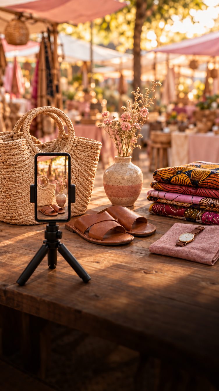 Un téléphone monté sur trépied filme des articles artisanaux posés sur une table en bois, sur un marché en plein air à la lumière du soir.