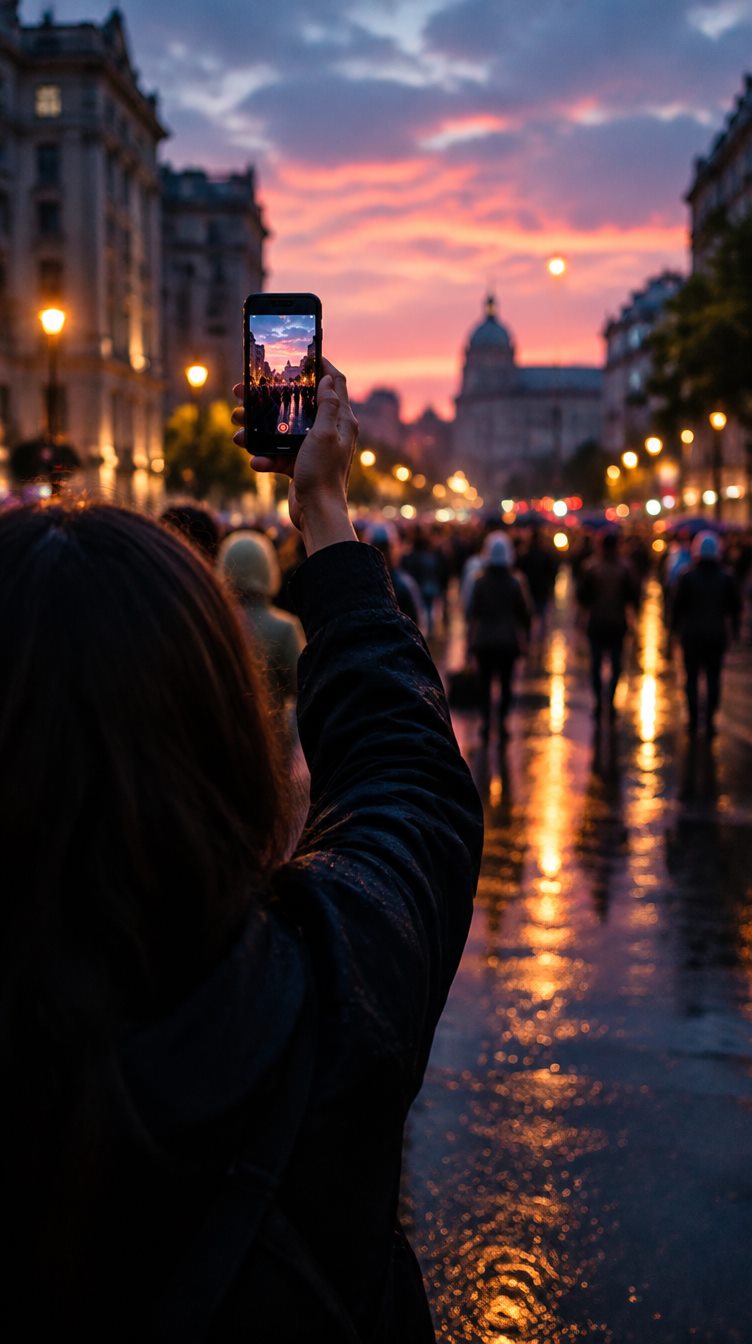 Une personne filme avec son téléphone une avenue animée au crépuscule, les lumières de la ville se reflétant sur la chaussée mouillée.